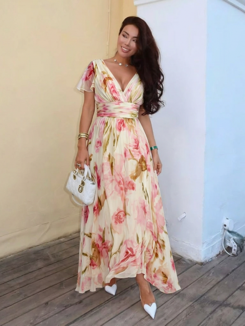 ELARA | ROBE MAXI FLORALE À COL EN V À MANCHES COURTES