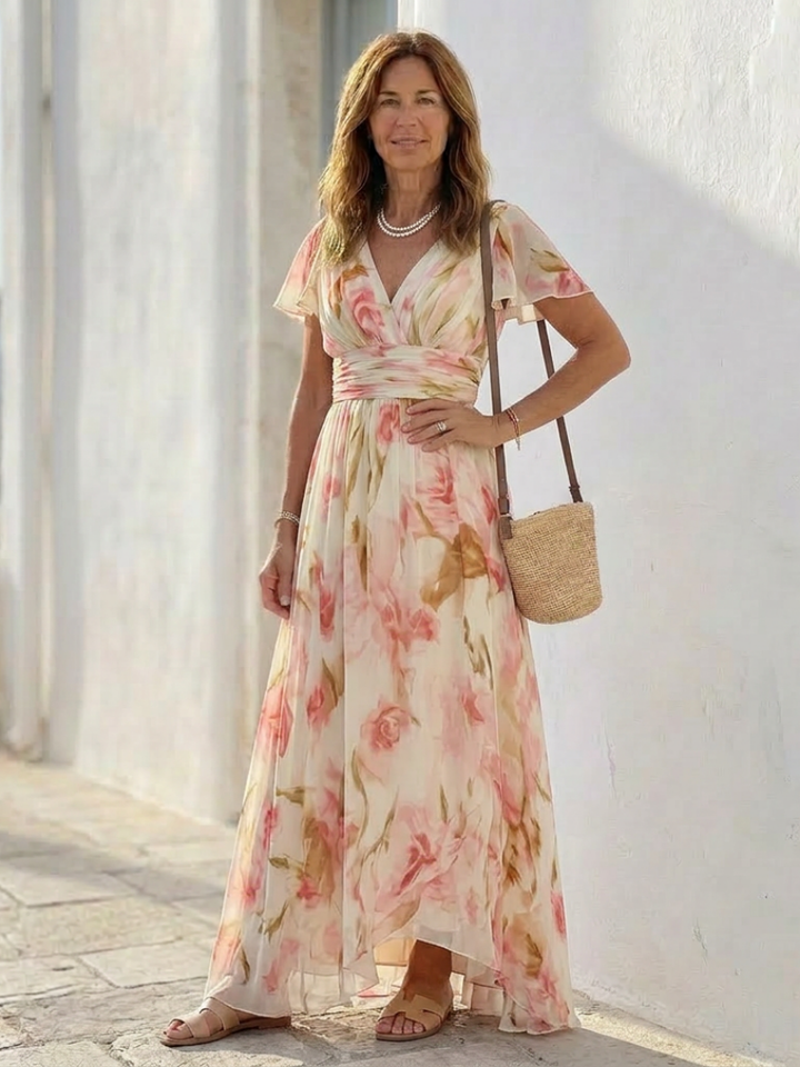 ELARA | ROBE MAXI FLORALE À COL EN V À MANCHES COURTES