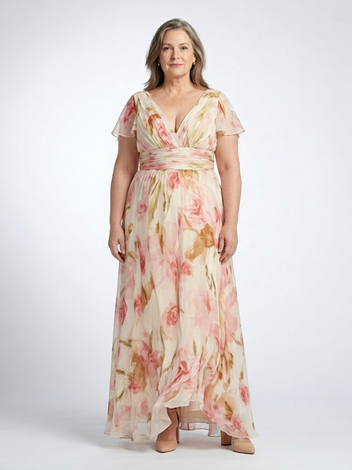 ELARA | ROBE MAXI FLORALE À COL EN V À MANCHES COURTES