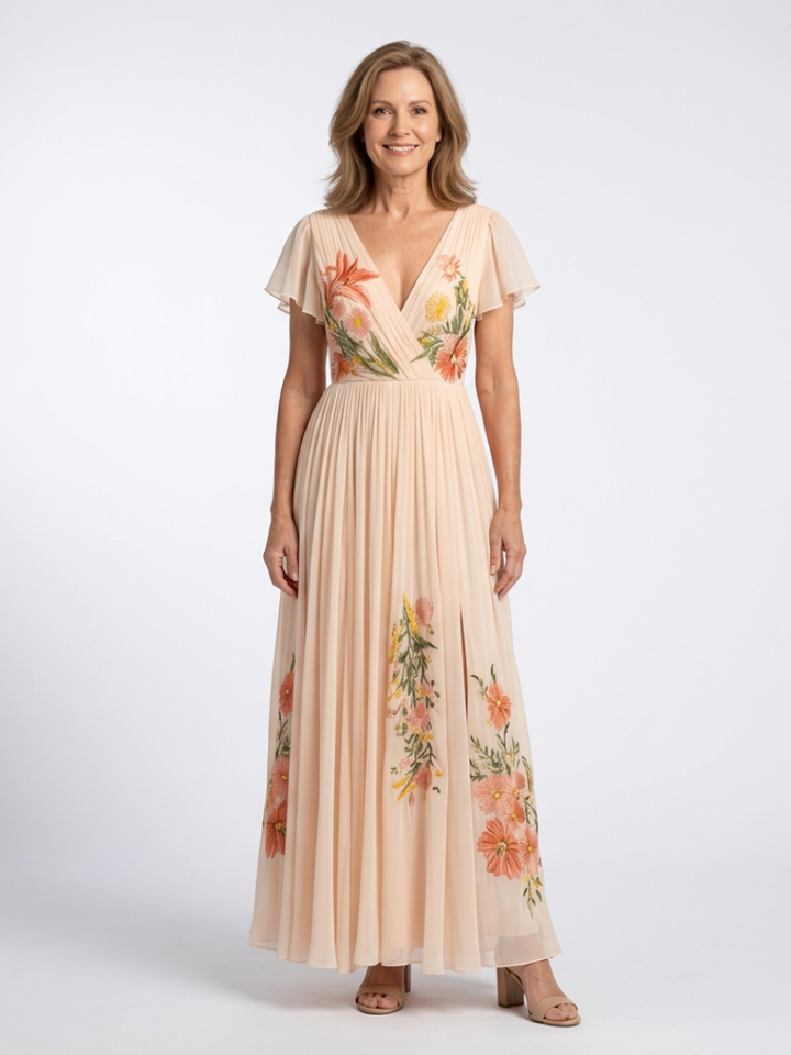 CALISTA | ROBE MAXI FLORALE PLISSÉE À COL EN V ET MANCHES COURTES