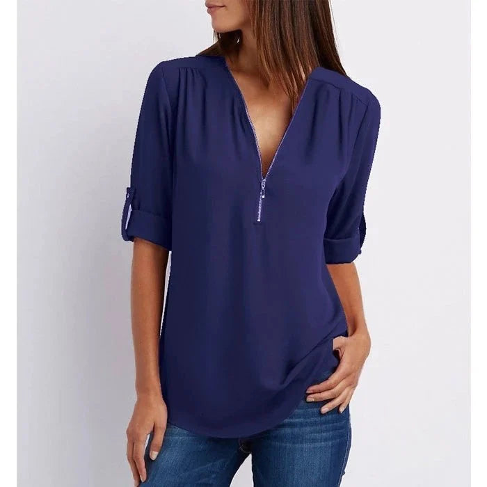 Lucas|Blouse à manches 3/4 en vrac avec fermeture éclair