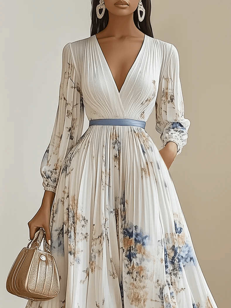 Amalia | Robe Maxi Chiffon Florale Blanche à Manches Bouffantes