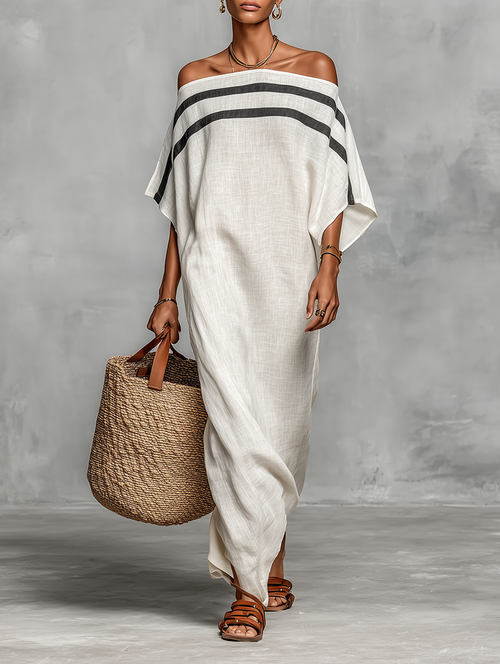 Robe Maxi Minimaliste pour Femmes avec Décolleté Off-the-Shoulder et Manches Chauve-Souris