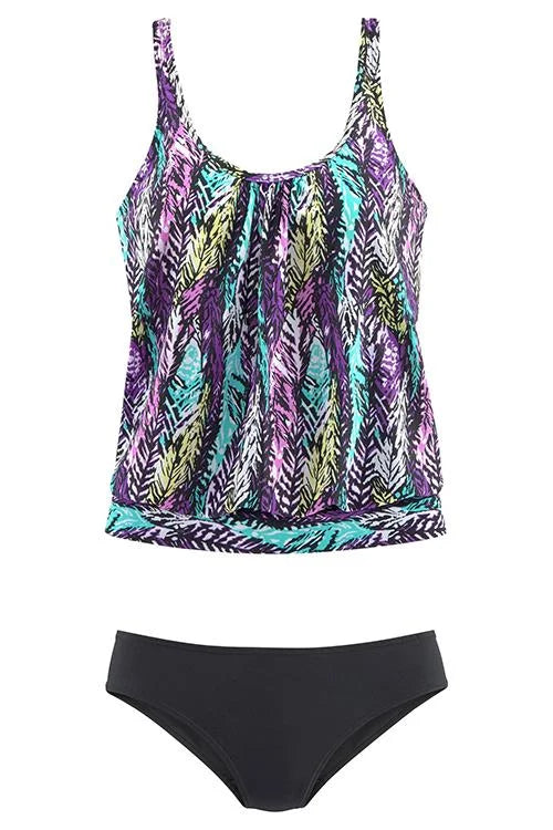 penacho | Ensemble de tankini avec imprimé de plumes qui couvre le ventre