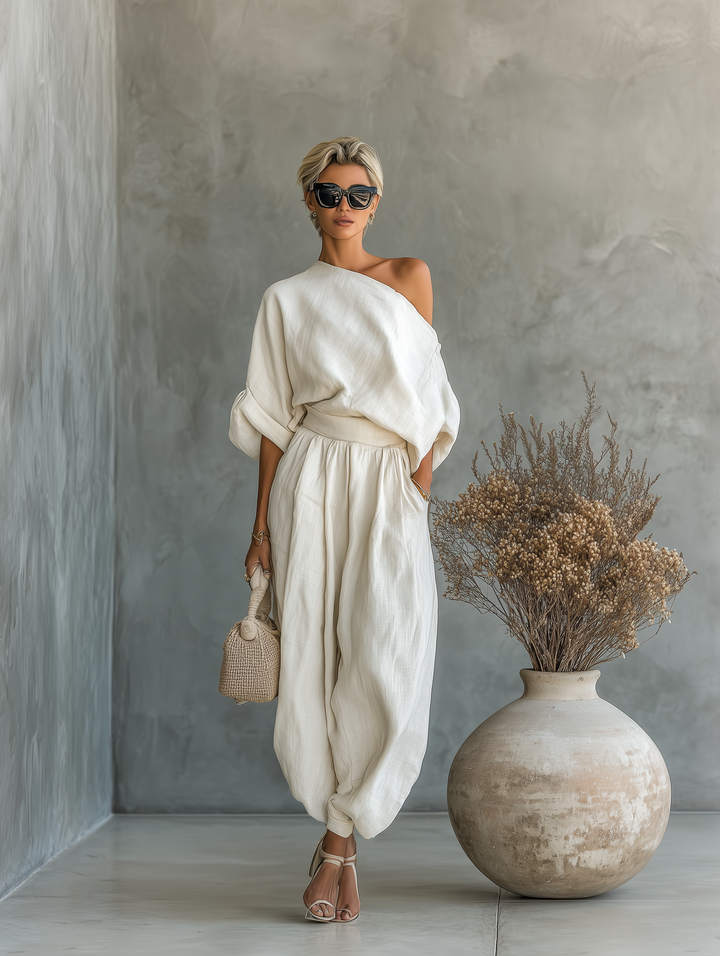 Ensemble Femme Off-White avec Top Bardot et Pantalons Tapered