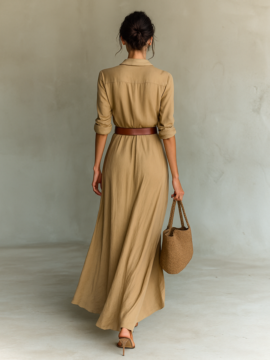 Robe Maxi Longue avec Col Noté et Manches Longues pour Femmes