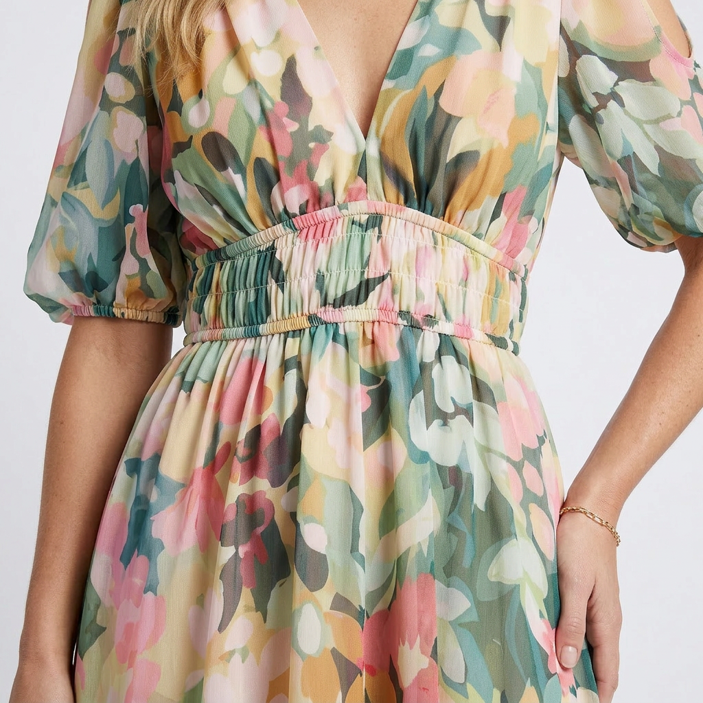 EULALIE | ROBE MIDI À COL EN V À MANCHES COURTES ET TAILLE RESSERRÉE