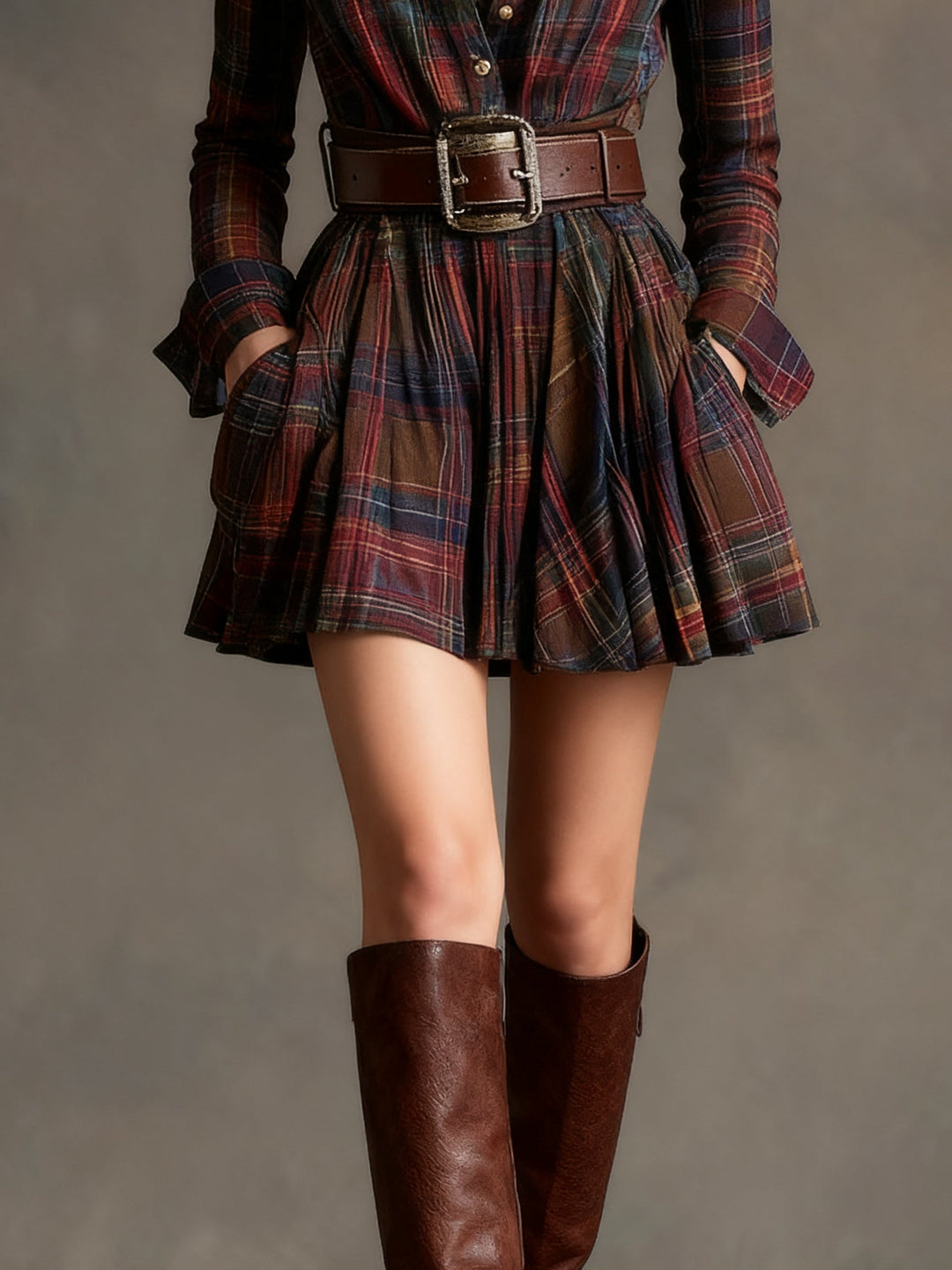 Robe Mini Vintage à Carreaux Rouge et Marron (Comprend une ceinture)