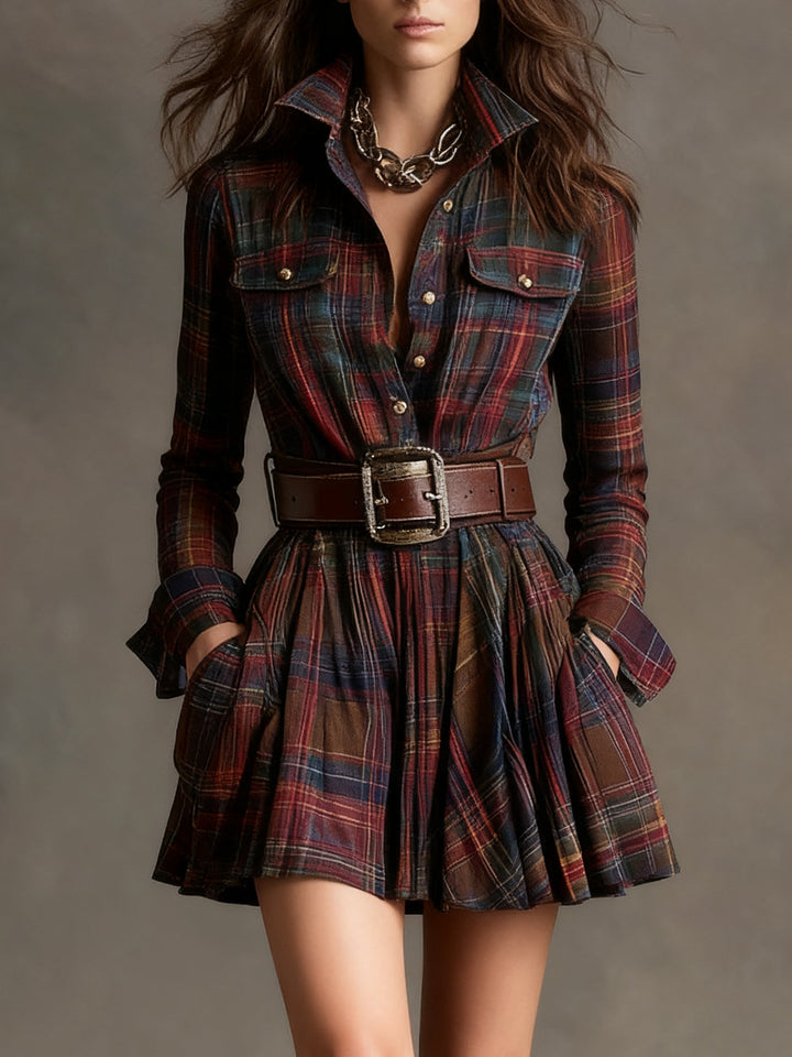 Robe Mini Vintage à Carreaux Rouge et Marron (Comprend une ceinture)