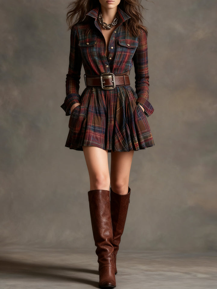 Robe Mini Vintage à Carreaux Rouge et Marron (Comprend une ceinture)