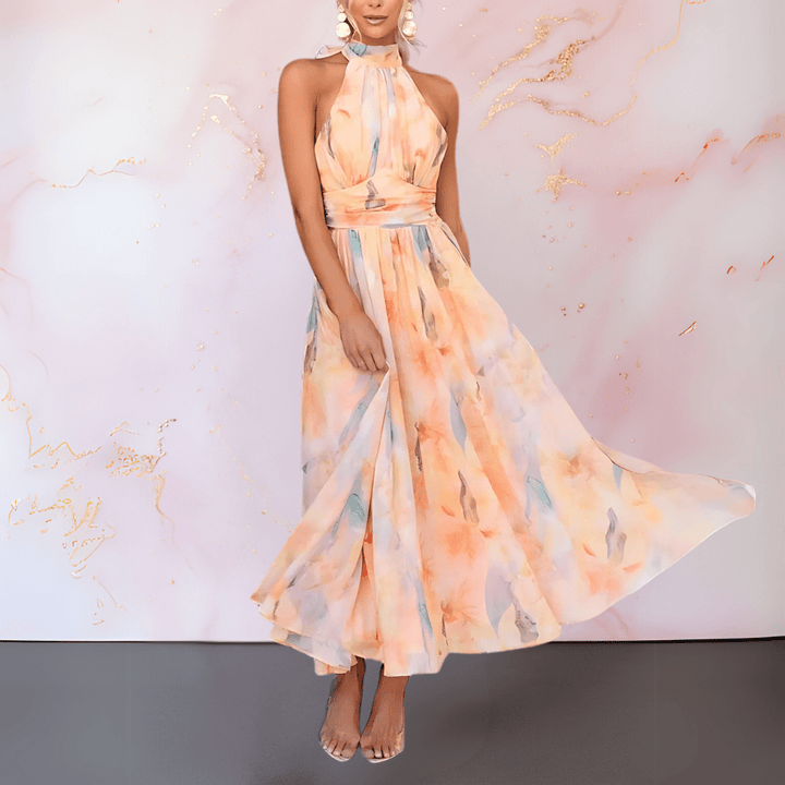 ESTHER | ROBE IMPRIMÉE AQUARELLE À COL HALTER