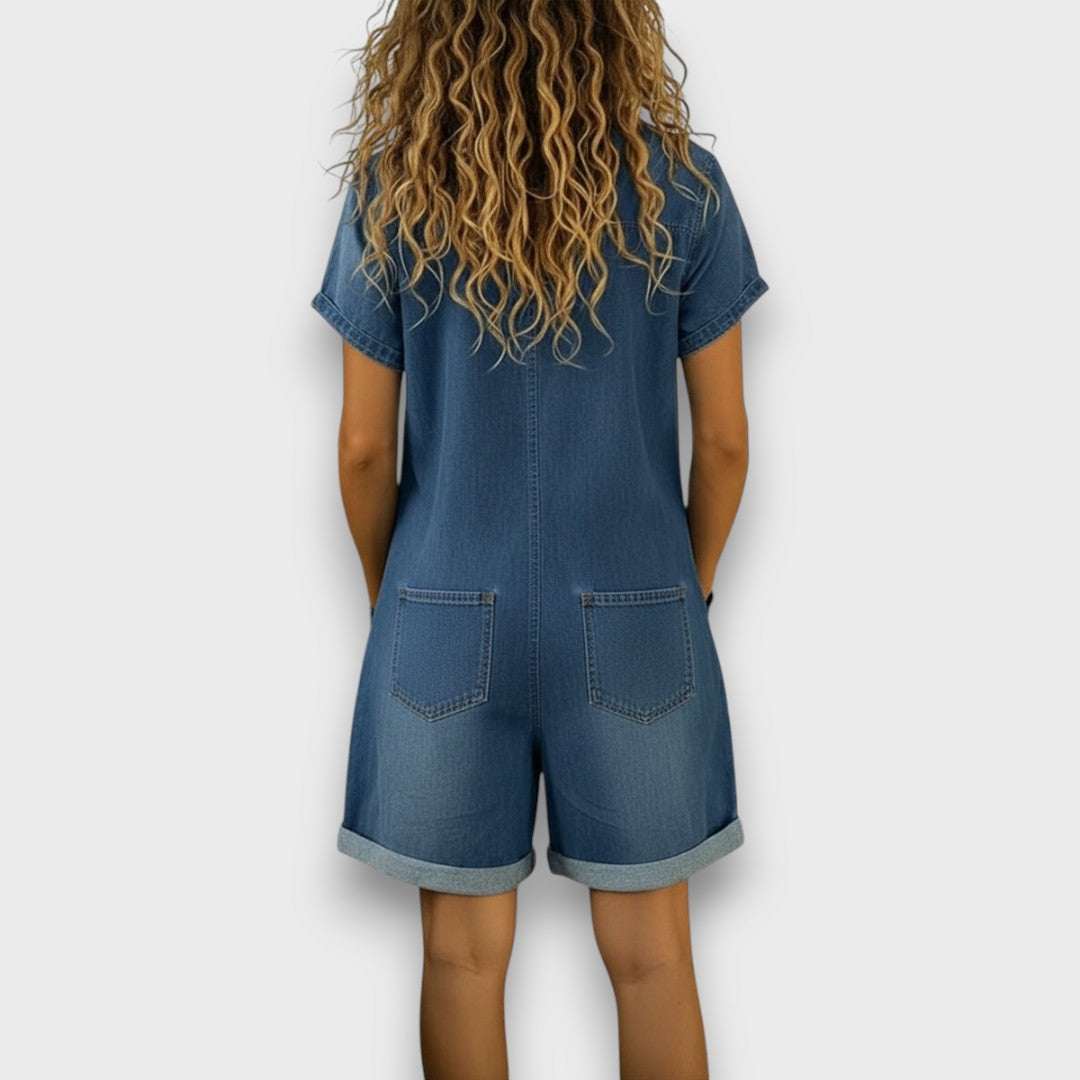 Karen | Salopette courte en coton effet denim vintage