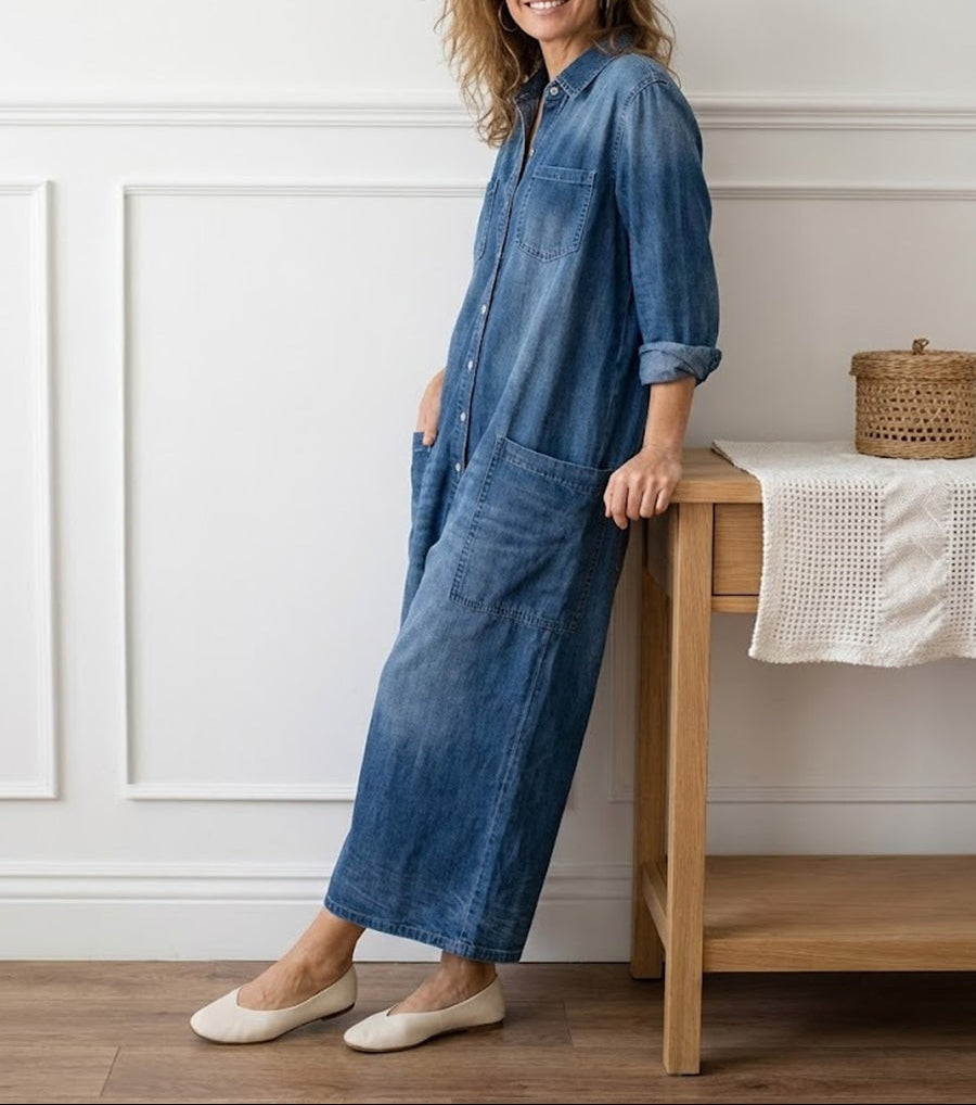 Mae | Salopette en denim en coton doux vintage lavé avec fermeture à boutons