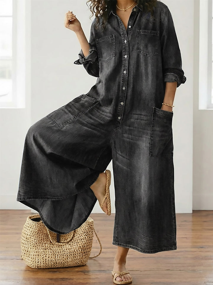 Mae | Salopette en denim en coton doux vintage lavé avec fermeture à boutons