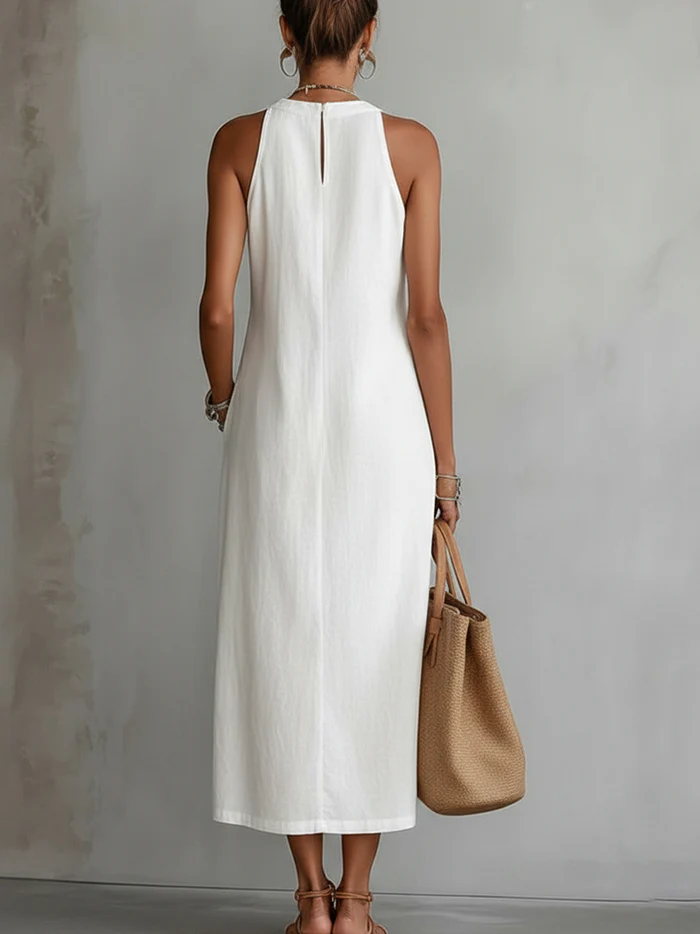 Jimena - Robe midi en lin avec col mao