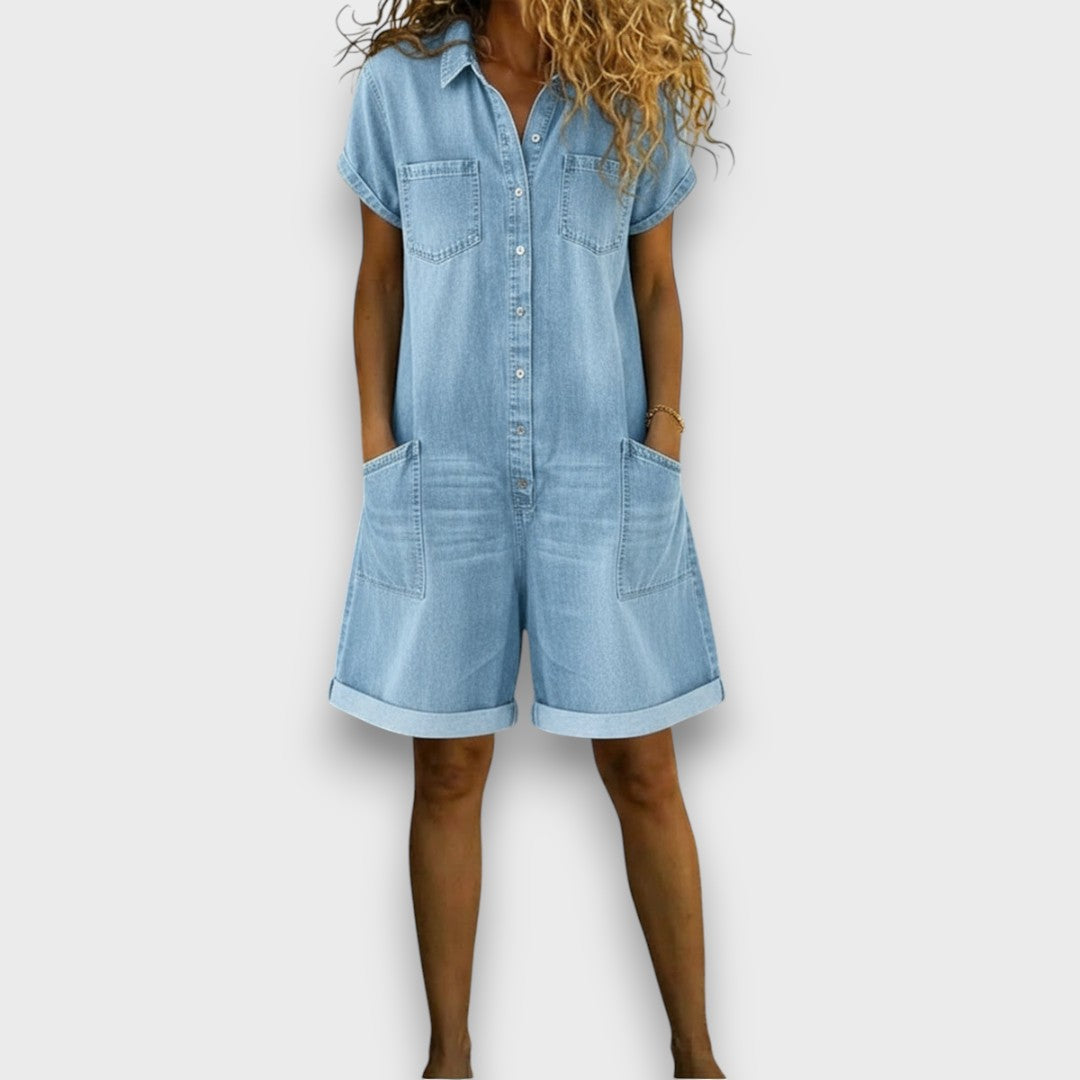 Karen | Salopette courte en coton effet denim vintage