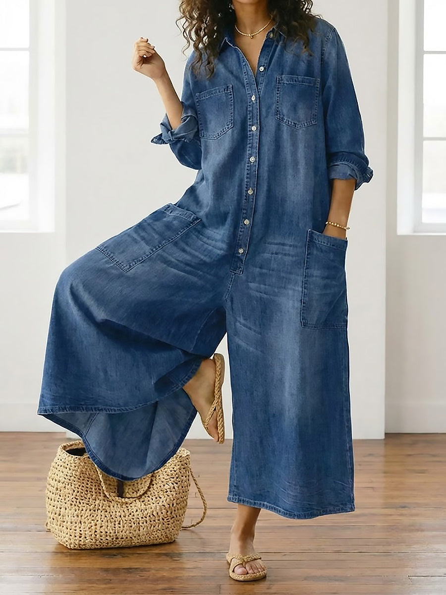 Mae | Salopette en denim en coton doux vintage lavé avec fermeture à boutons
