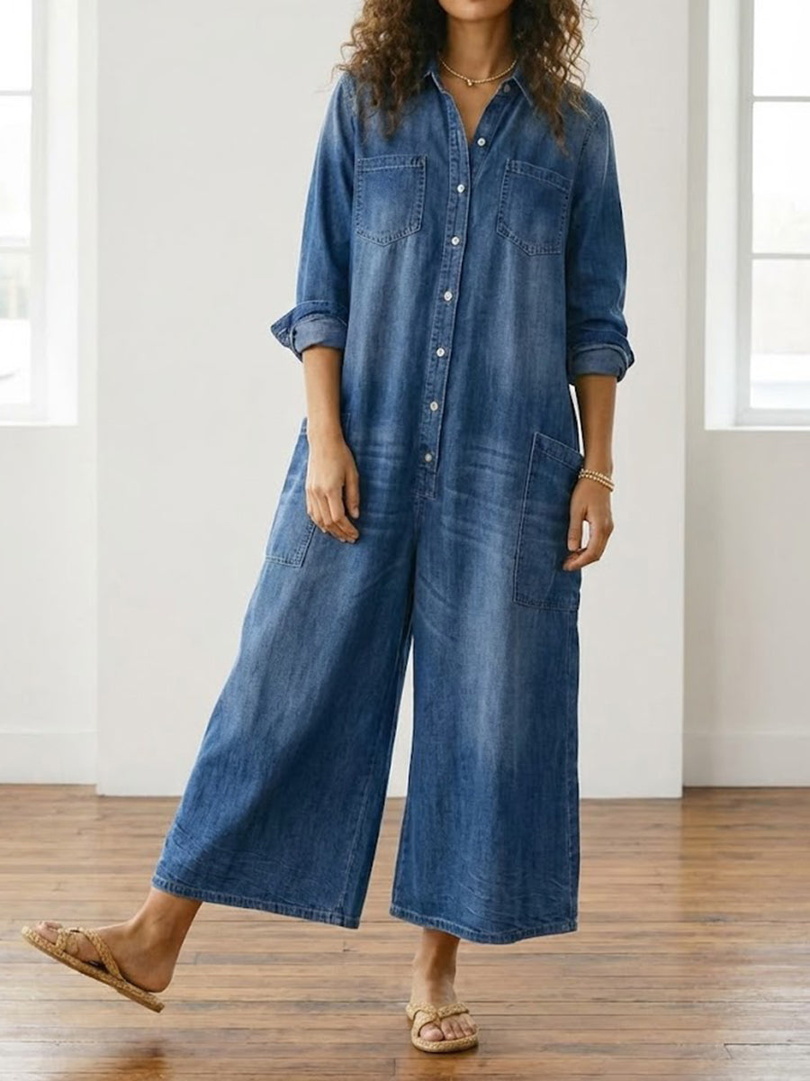 Mae | Salopette en denim en coton doux vintage lavé avec fermeture à boutons