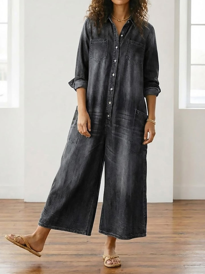 Mae | Salopette en denim en coton doux vintage lavé avec fermeture à boutons