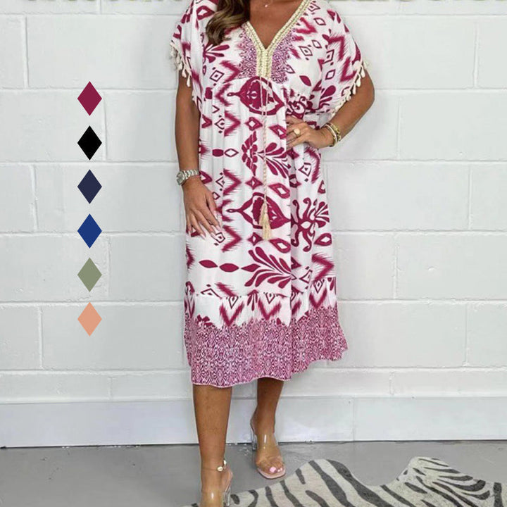 Robe A Ligne Imprimée Col V Taille À Cordons