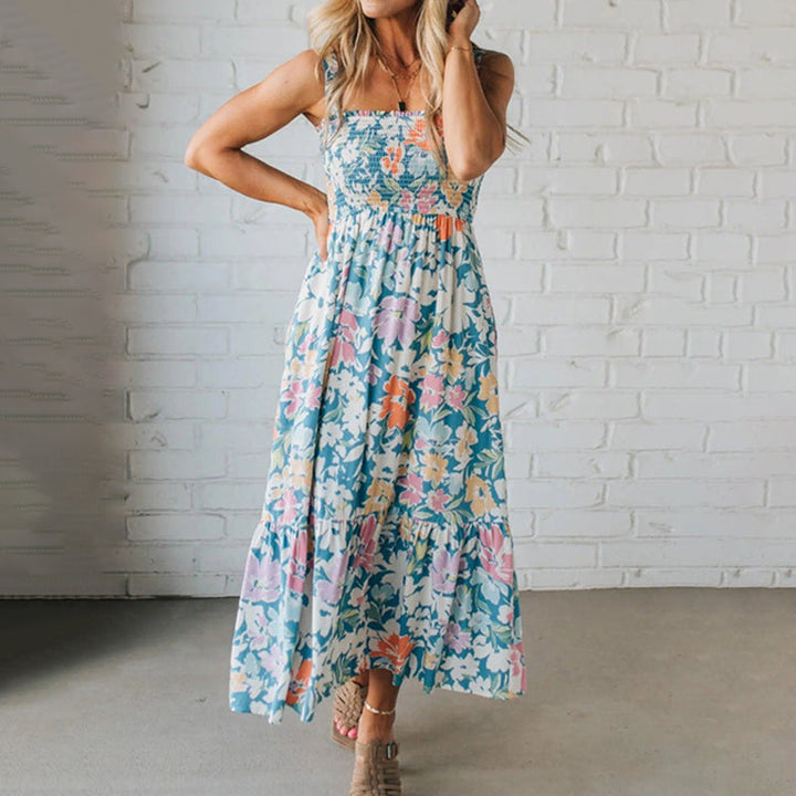 Robe Maxi Florale Avec Corsage Smocké et Bretelles Ajustables