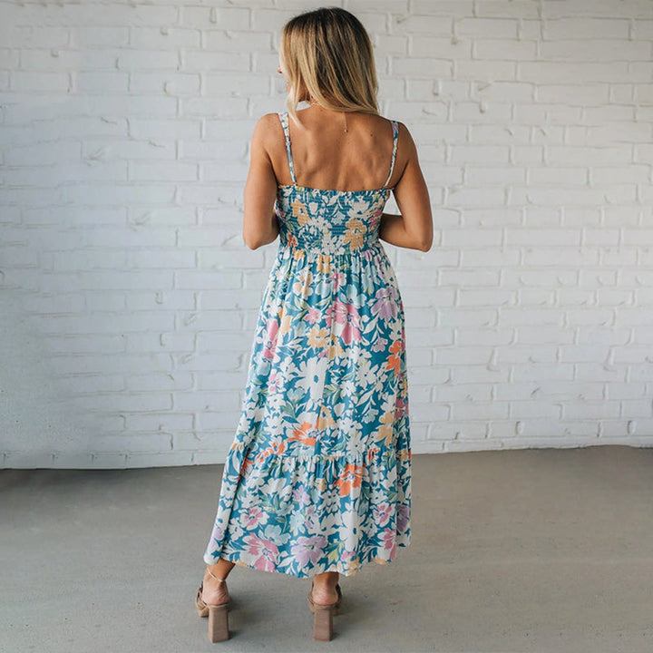 Robe Maxi Florale Avec Corsage Smocké et Bretelles Ajustables