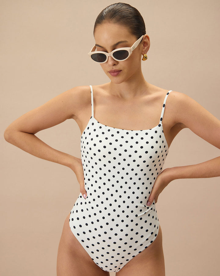 Maillot de Bain Une Pièce Dos Nu à Pois Blancs