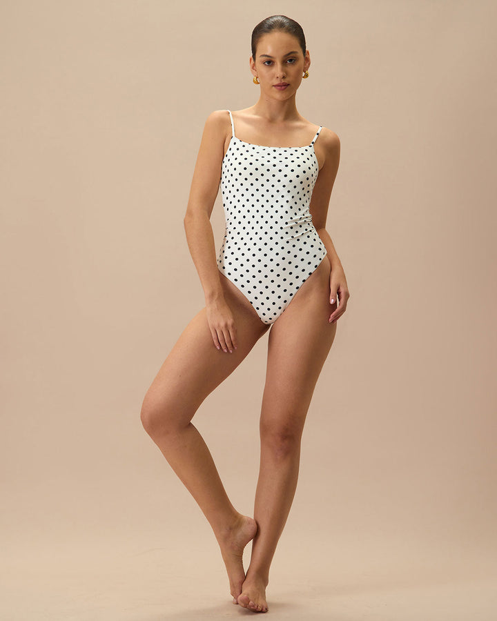 Maillot de Bain Une Pièce Dos Nu à Pois Blancs
