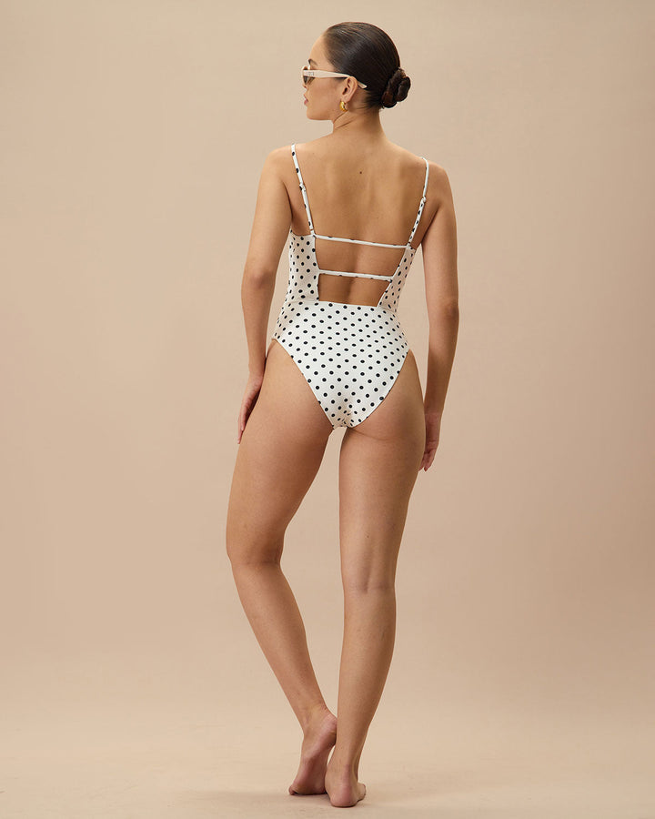Maillot de Bain Une Pièce Dos Nu à Pois Blancs