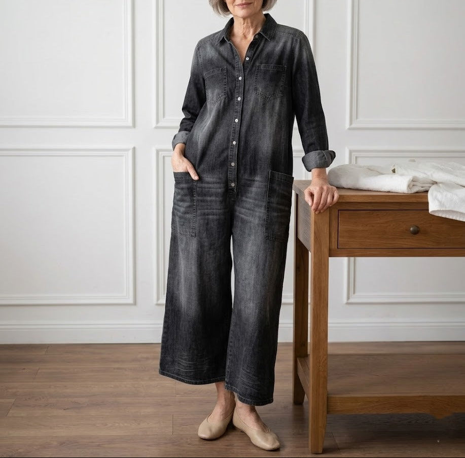 Mae | Salopette en denim en coton doux vintage lavé avec fermeture à boutons