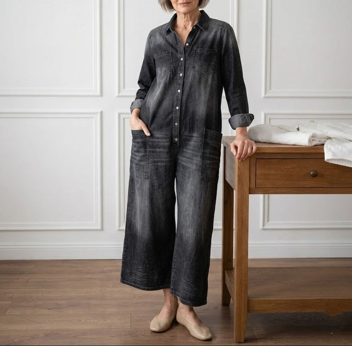 Mae | Salopette en denim en coton doux vintage lavé avec fermeture à boutons