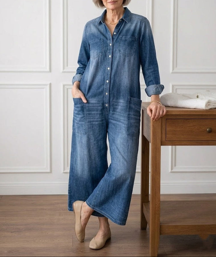 Mae | Salopette en denim en coton doux vintage lavé avec fermeture à boutons