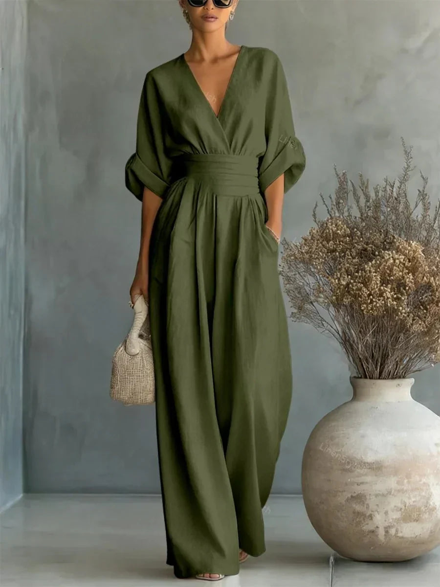 Jumpsuit élégant à encolure en V et taille haute