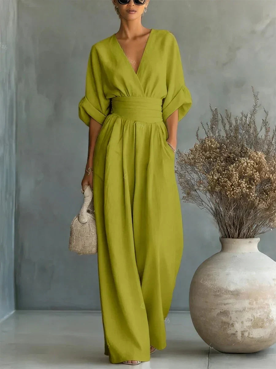 Jumpsuit élégant à encolure en V et taille haute