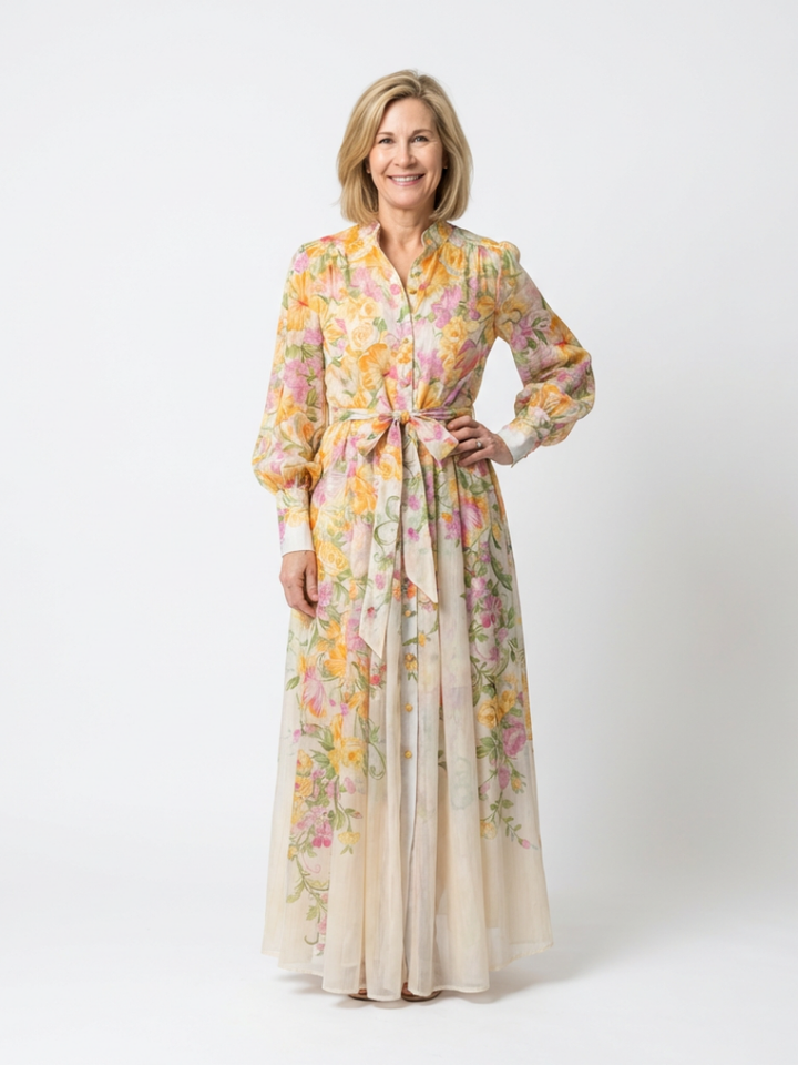 CRESSIDA | ROBE MAXI LONGUE À MANCHES LONGUES EN TRANSPARENCE FLORALE