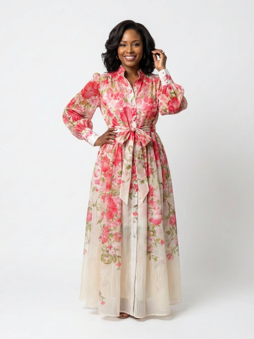 CRESSIDA | ROBE MAXI LONGUE À MANCHES LONGUES EN TRANSPARENCE FLORALE
