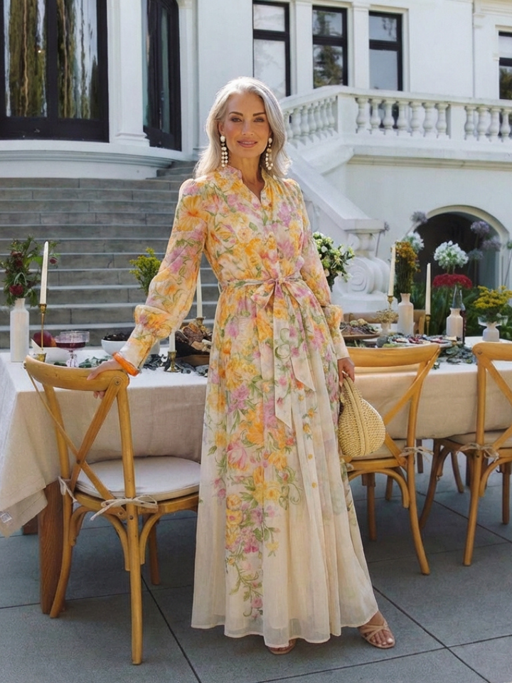 CRESSIDA | ROBE MAXI LONGUE À MANCHES LONGUES EN TRANSPARENCE FLORALE