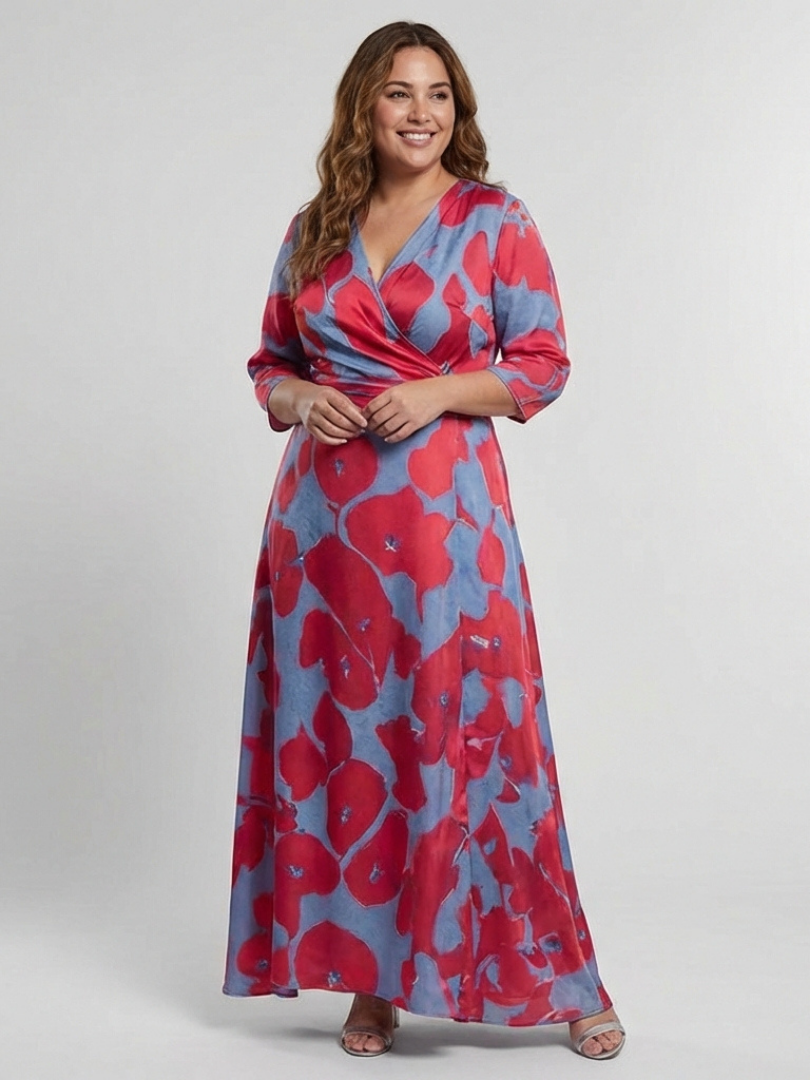 DANIELLE | ROBE MAXI FLORALE À MANCHES TROIS QUARTS ET COL EN V