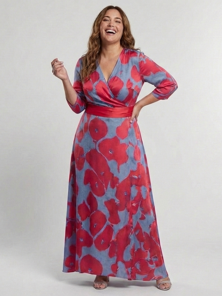 DANIELLE | ROBE MAXI FLORALE À MANCHES TROIS QUARTS ET COL EN V