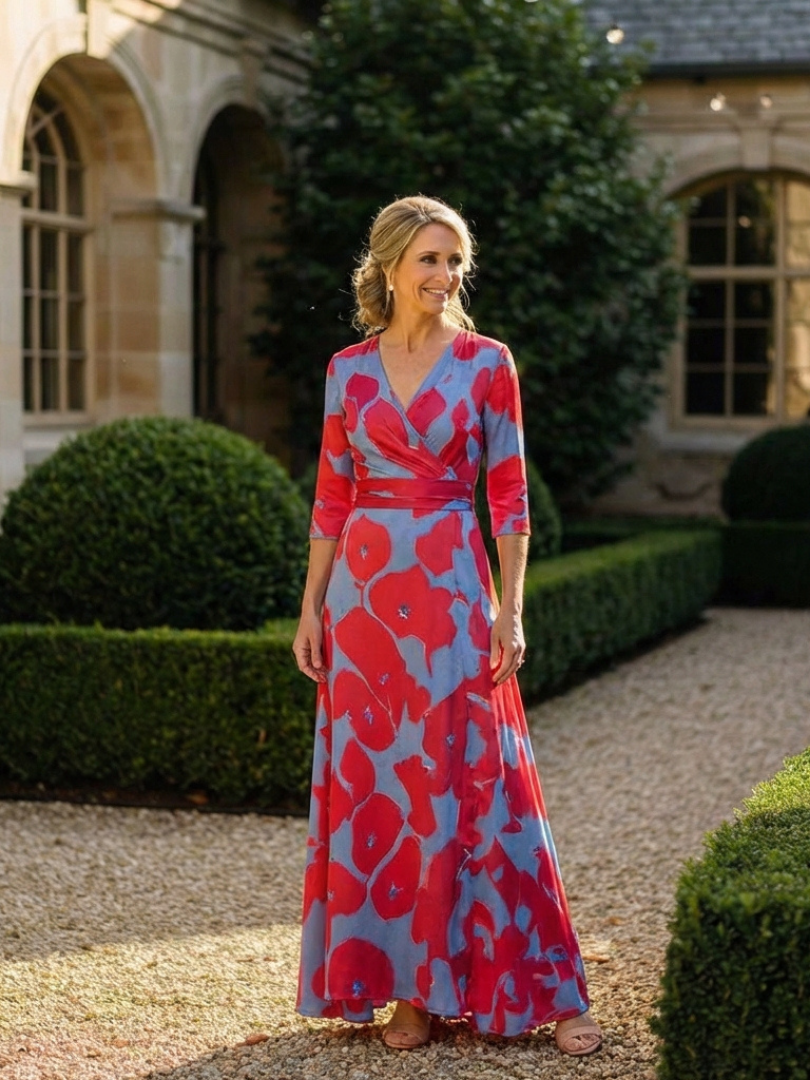 DANIELLE | ROBE MAXI FLORALE À MANCHES TROIS QUARTS ET COL EN V