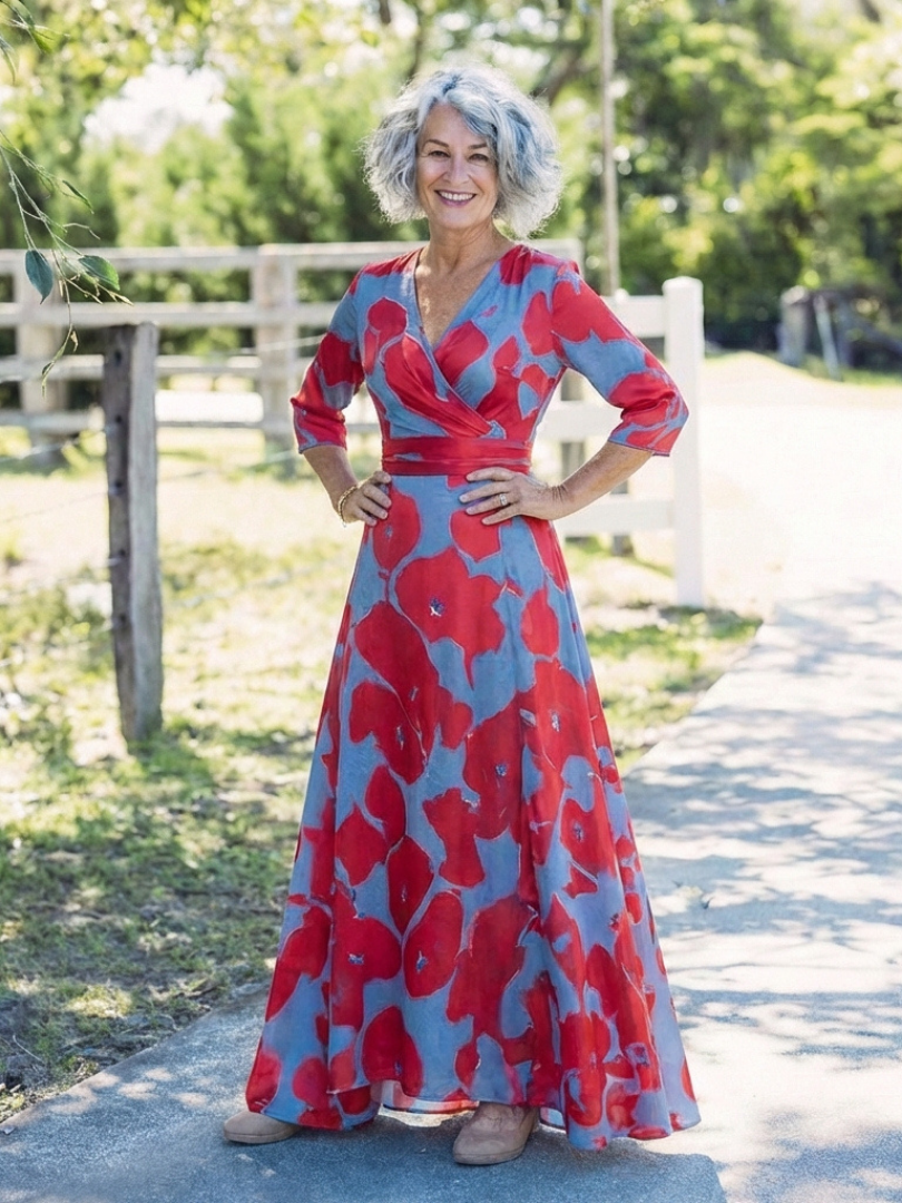 DANIELLE | ROBE MAXI FLORALE À MANCHES TROIS QUARTS ET COL EN V
