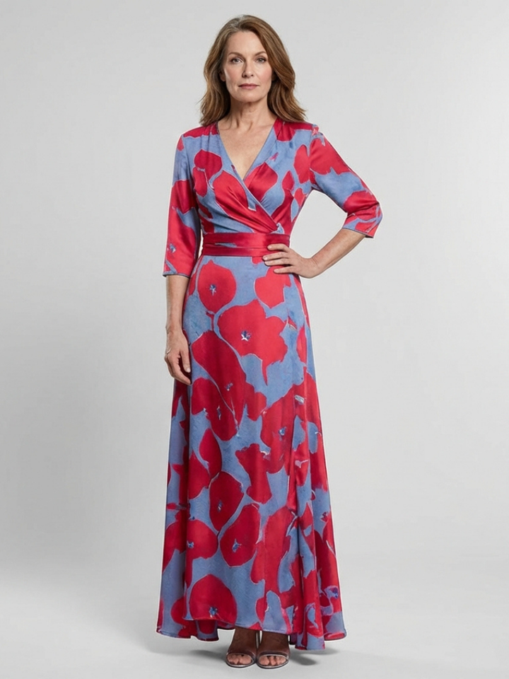DANIELLE | ROBE MAXI FLORALE À MANCHES TROIS QUARTS ET COL EN V