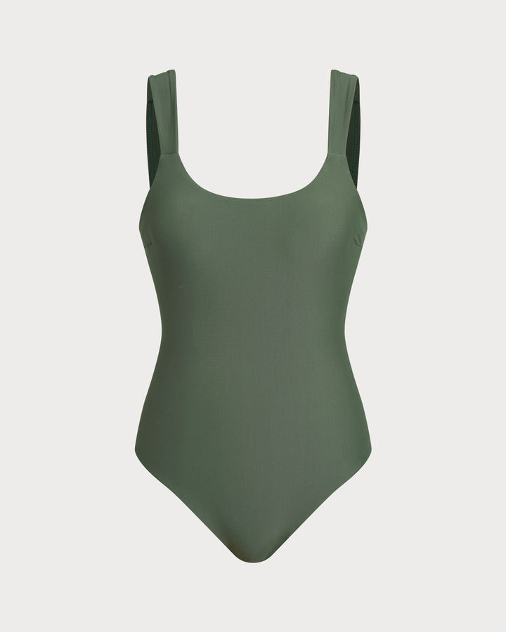 Maillot de bain une pièce vert à décolleté en U avec contrôle du ventre