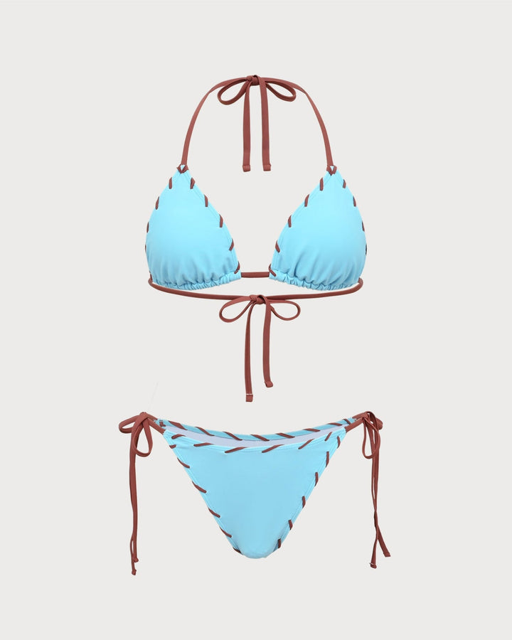 Ensemble de Bikini à Cordon avec Triangle Contraste Bleu