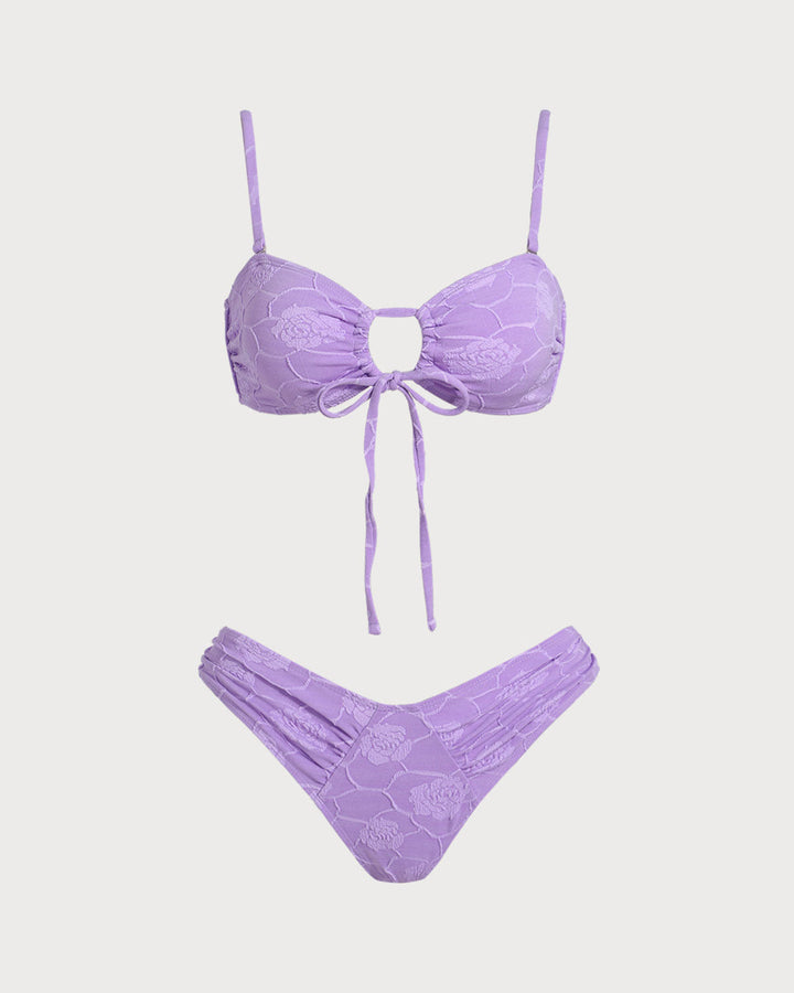 Ensemble de Bikini Bandeau Texturé Floral Violet