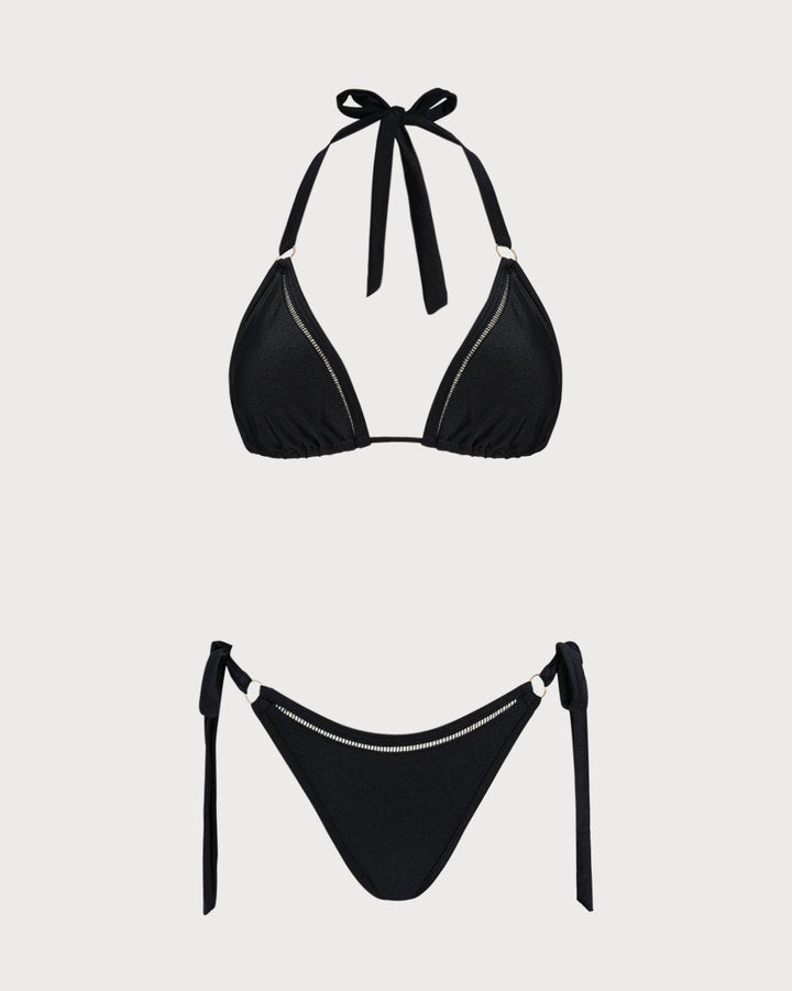 Ensemble de Bikini Triangle Noir à O-Ring avec Halter