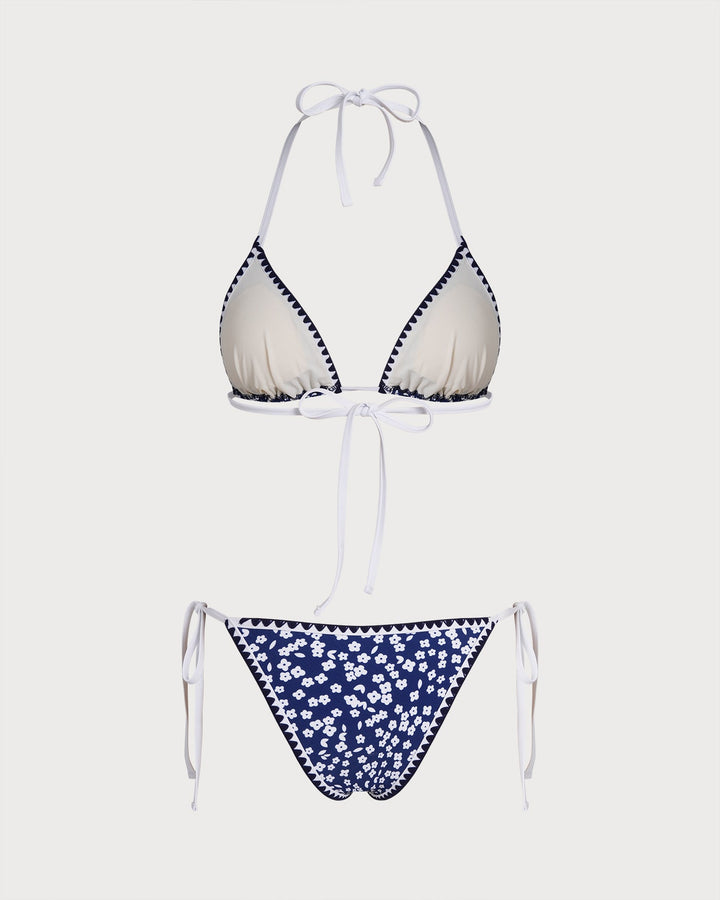 Ensemble de Bikini Triangle Floral à Dos Nu Bleu