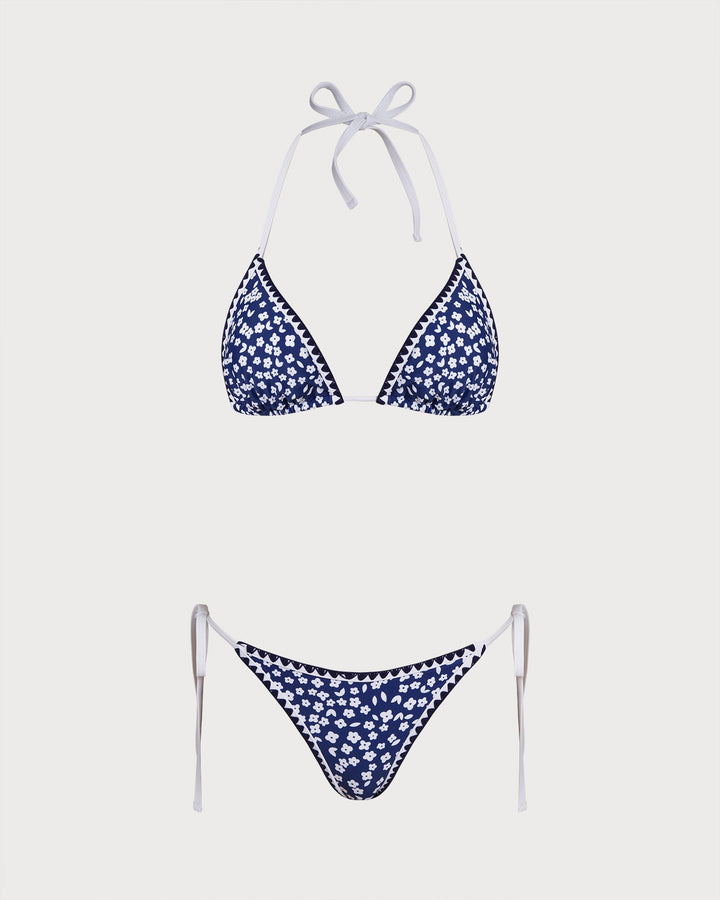 Ensemble de Bikini Triangle Floral à Dos Nu Bleu