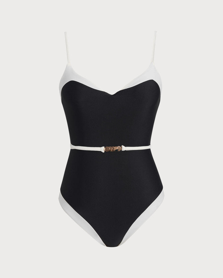 Maillot de bain une pièce noir à col en V contrasté
