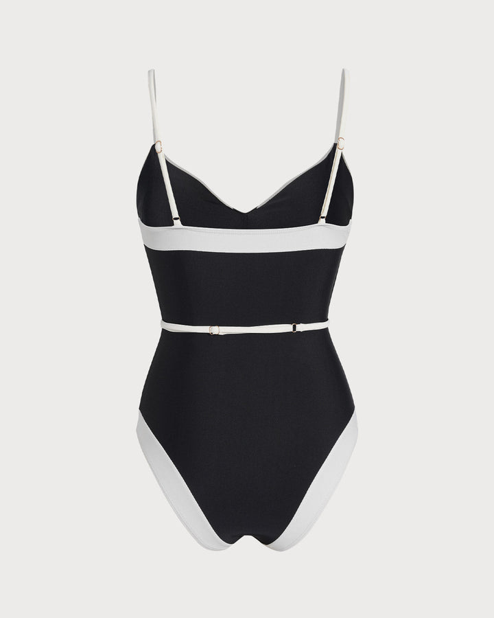 Maillot de bain une pièce noir à col en V contrasté